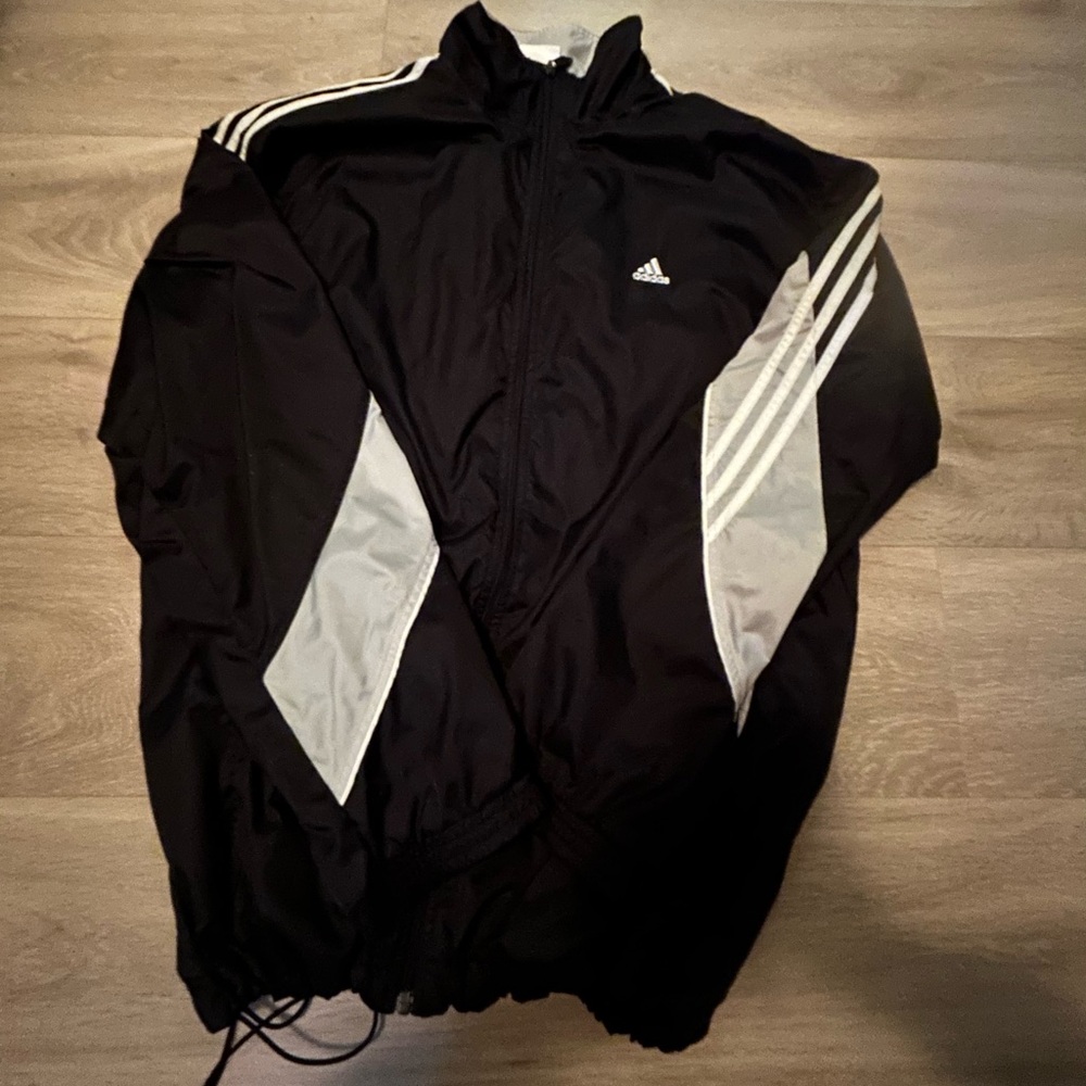 Adidas Men's Black Windbreaker with Gray Stripes